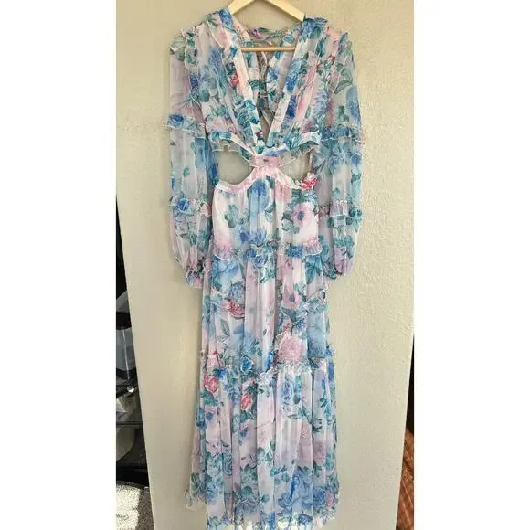 L'atiste Watercolor Floral Cutout Maxi Dress Small Lace Up Back Tiered Feminine - Picture 2 of 9